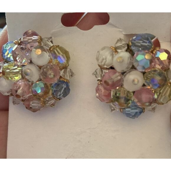 Vtg Laguna Aurora Borealis 1950’s Clip On Blue Pink White Beads Wired Together - Picture 2 of 7